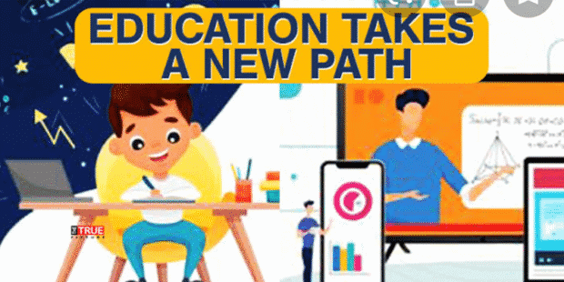 Vector image symbolising New Education policy with a child learning in online mode on the left side and one tutor explaining concepts on screen and another tutor using mobile screen.