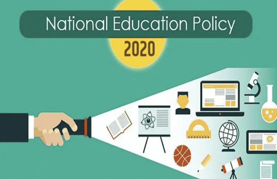 vector illustration of a hand pointing to laptop , school lab items etc with National education policy 2020 mentioned on it