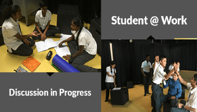 Two frames with students involving different activities such as group discussion and role play.